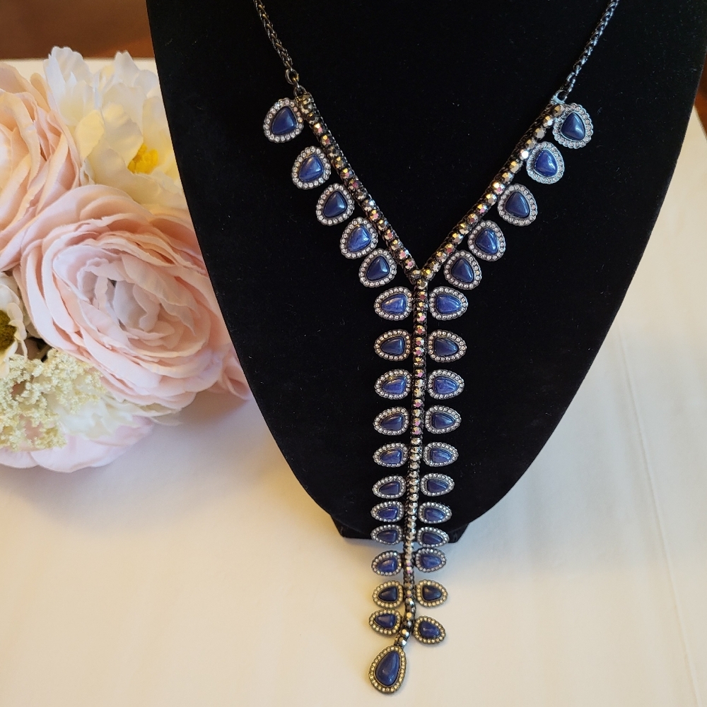 Lucky Brand NWT Necklace Semiprecious Blue Sodalite Stone Gunmetal Drop 16"